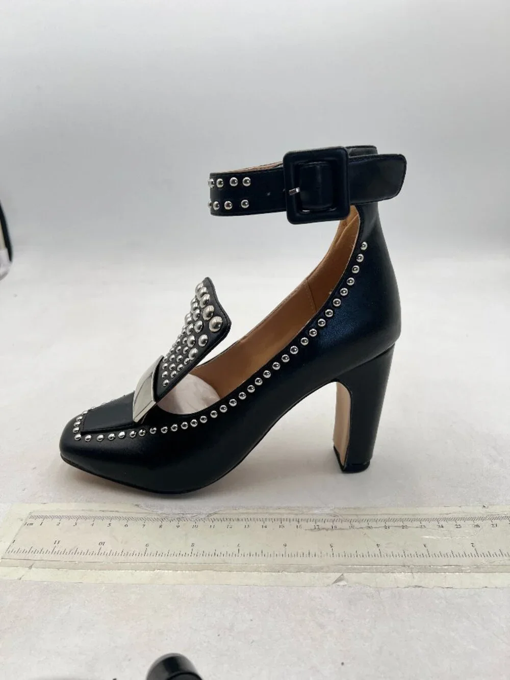 YDN Black Studded Block Heel Pumps Square Toe Ankle Strap High Heels Edgy Shoes